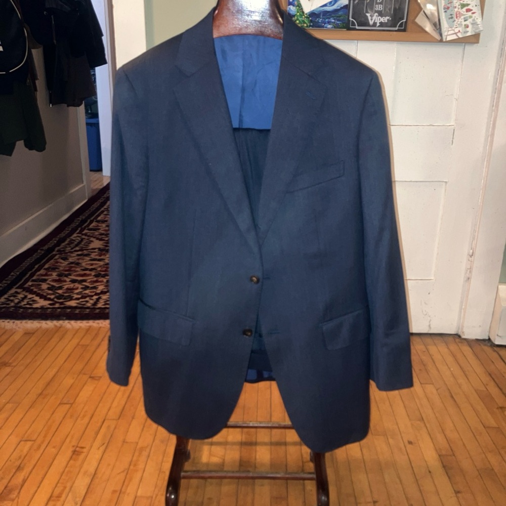 MTM Black Lapel charcoal blue cavalry twill suit—roughly 44R
